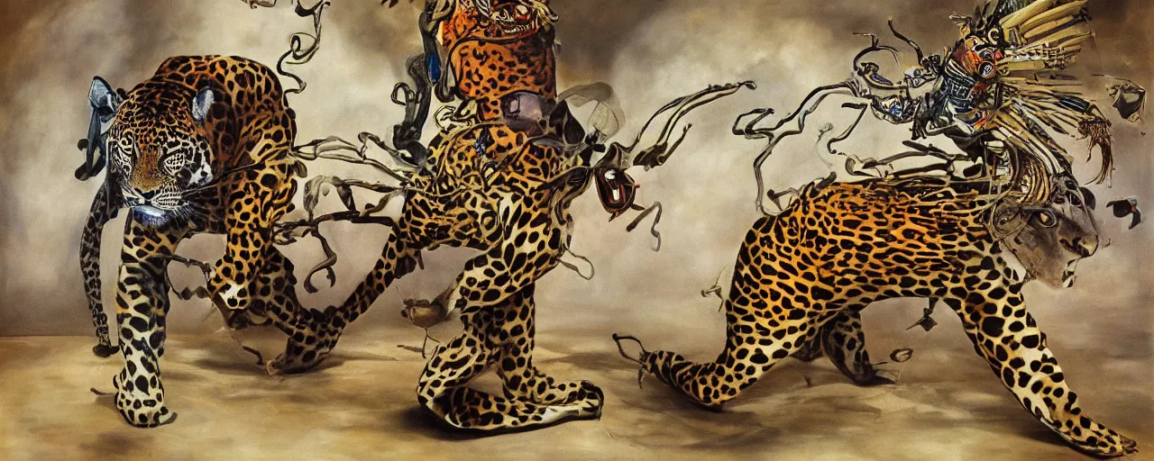 Image similar to an intricated and detailed painting of a shaman turning into a jaguar by salvador dali 4 k render