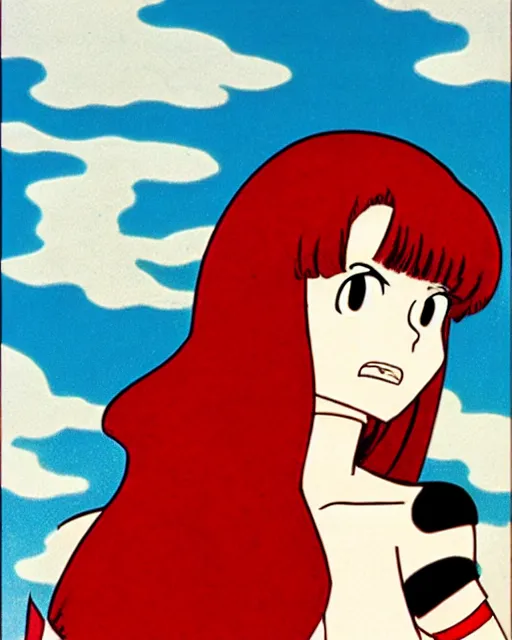 Image similar to style of osamu tezuka, rumiko takahashi : : gorgeous vampire amy adams : : sharp teeth fangs, open mouth sneer : : symmetrical face, symmetrical eyes : : gorgeous red hair : : magic lighting, low spacial lighting : :