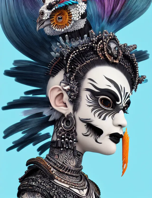 Image similar to 3 d goddess close - up profile portrait punk with mohawk with ram skull. beautiful intricately detailed japanese crow kitsune mask and clasical japanese kimono. betta fish, jellyfish phoenix, bio luminescent, plasma, ice, water, wind, creature, artwork by tooth wu and wlop and beeple and greg rutkowski