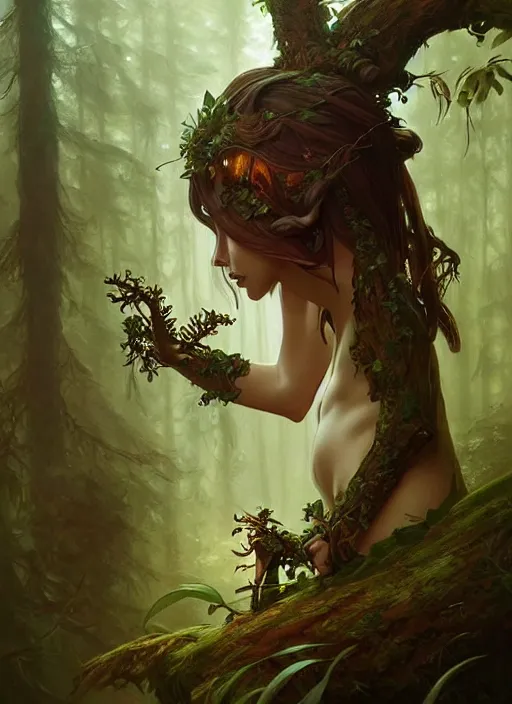 Prompt: a cute forest elemental, with fingers, fantasy, intricate, elegant, highly detailed, digital painting, artstation, concept art, wallpaper, smooth, sharp focus, illustration, art by artgerm and greg rutkowski and alphonse mucha