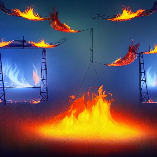 Image similar to in the lower part of the picture is the harp burning in the fire, above are cranes flying in flames, digital painting, concept art