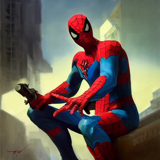 Image similar to greg manchess portrait painting of partially armored whimsical spiderman as overwatch character, medium shot, asymmetrical, profile picture, organic painting, sunny day, matte painting, bold shapes, hard edges, street art, trending on artstation, by huang guangjian, gil elvgren, ruan jia, greg rutkowski, gaston bussiere