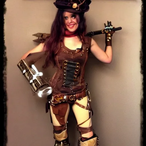 Prompt: full body photo of a cute skinny woman as a steampunk amazon warrior,