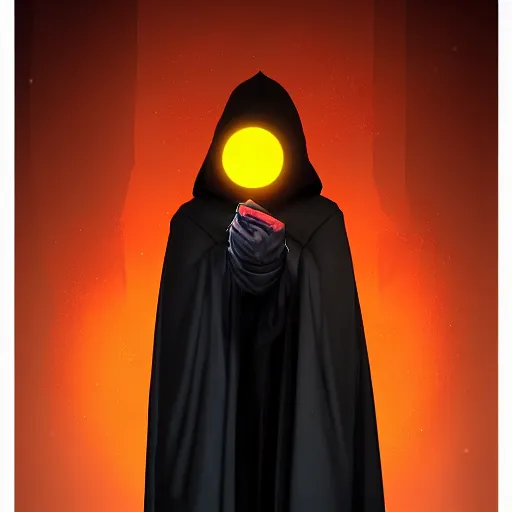 Image similar to a man wearing a long black cloak, shadowy hood covering face, holding a glowing orb, grandiose style, trending on artstation