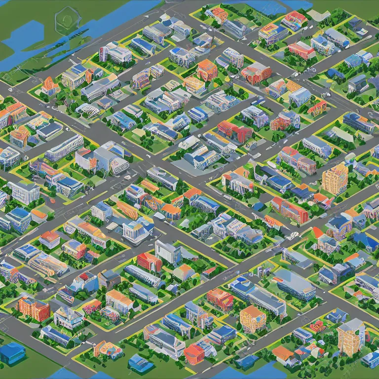 Image similar to isometric view illustration of Moscow suburbs, highly detailed, ultra realistic