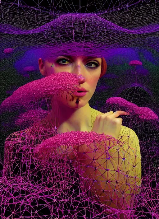 Image similar to hyper detailed 3d render like a painting - Aurora (Singer) seen Eating of the Strangling network of yellowcake aerochrome and milky Fruit and Her delicate Hands hold of gossamer polyp blossoms bring iridescent sloppy fungal flowers whose spores black the foolish stars by Jacek Yerka, Mariusz Lewandowski, Houdini algorithmic generative render, Abstract brush strokes, Masterpiece, Edward Hopper and James Gilleard, Zdzislaw Beksinski, Mark Ryden, Wolfgang Lettl, hints of Yayoi Kasuma, octane render, 8k