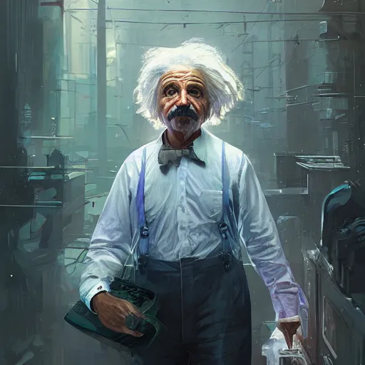 Image similar to highly detailed portrait albert einstein in gta v, stephen bliss, unreal engine, fantasy art by greg rutkowski, loish, rhads, ferdinand knab, makoto shinkai and lois van baarle, ilya kuvshinov, rossdraws, tom bagshaw, global illumination, radiant light, detailed and intricate environment