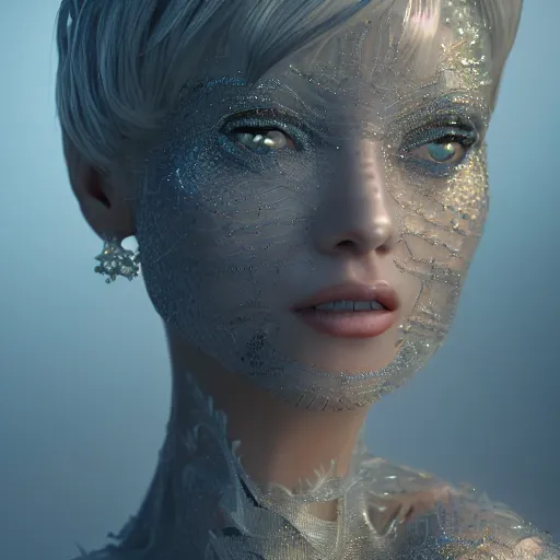 Image similar to beautiful pragmatic face, crystal, platinum, gold, biomechanoid with incredible iridescent pearlescent voluminous fiberoptic hair, crystalline masterpiece implants, hyperdetailed face, elegant pose, movie still, intricate, octane render, cinematic forest lighting, unreal engine, dieselpunk setting, crepuscular rays, god rays.