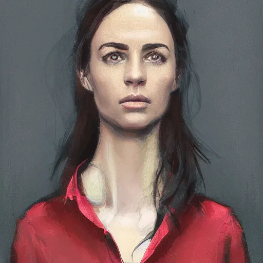 Prompt: Portrait of a woman by Greg Rutkowski, she is about 20 years old, brown long and straight hair, pretty oval face, attractive, her features are a mix between german and turkish, tall and slim, smart looking, she is wearing utilitarian red and black jumpsuit, highly detailed portrait, digital painting, artstation, concept art, smooth, sharp foccus ilustration, Artstation HQ.