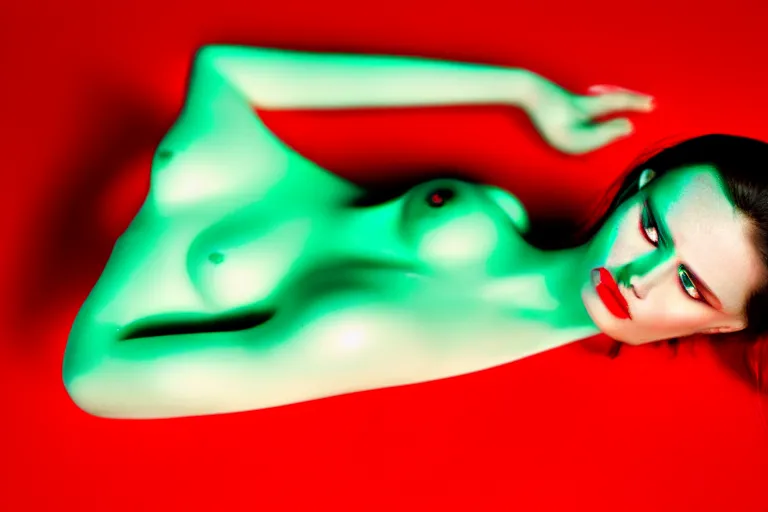 Image similar to hyperrealistic woman with melting body inside a red room roberto bernardi dramatic green lighting on one side wide angle 35mm shallow depth of field 8k