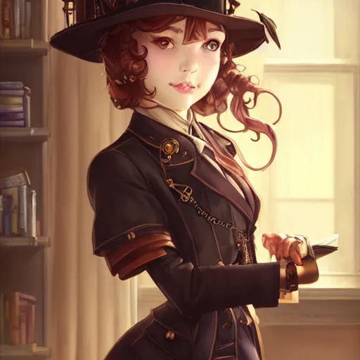 Prompt: a beautiful steampunk detective girl sitting in her office | | cute - fine - face, pretty face, fine details by stanley artgerm lau, wlop, rossdraws, james jean, andrei riabovitchev, marc simonetti, and sakimichan, trending on artstation