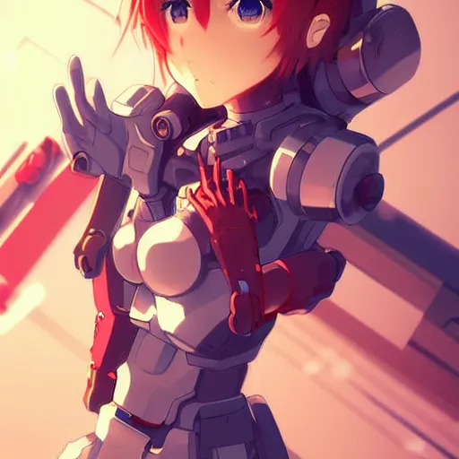 Image similar to digital anime art. full body. cute girl red mech arms and mech legs. blue eyes. gold short hair. wlop, rossdraws, sakimimichan