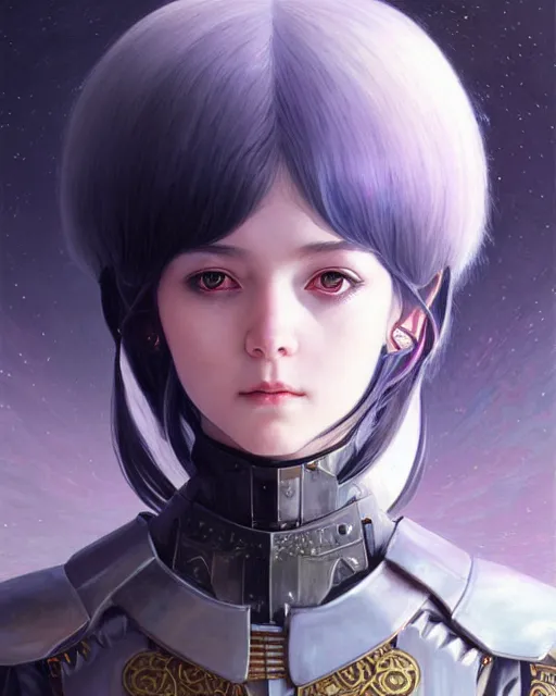 Image similar to portrait of beautiful cute young maiden girl with short white hairs in warhammer armor, art by ( ( ( kuvshinov ilya ) ) ) and wayne barlowe and gustav klimt and artgerm and wlop