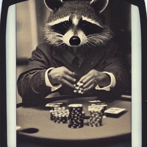 Image similar to ! polaroid photo of gangster raccoons in smokings, smooking cigar, playing poker, dollars on table