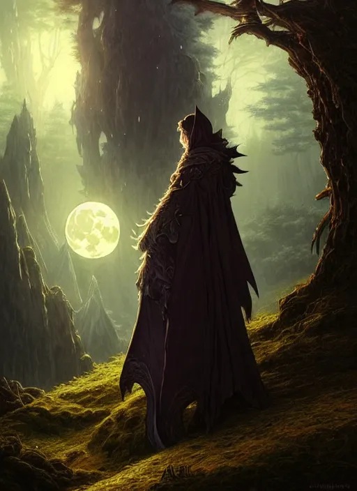 Image similar to full moon, adventurer outfit large cloak, fantasy forest landscape, dragon scales, fantasy magic, dark light night, intricate, elegant, sharp focus, illustration, highly detailed, digital painting, concept art, matte, art by WLOP and Artgerm and Greg Rutkowski and Albert Bierstadt, masterpiece