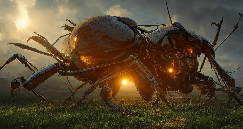 Prompt: giant beetle crush a farm house, close up, hyperdetailed, artstation, cgsociety, golden hour 8k