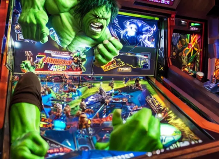 Image similar to film still of hulk playing pinball in the new avengers movie, 4 k