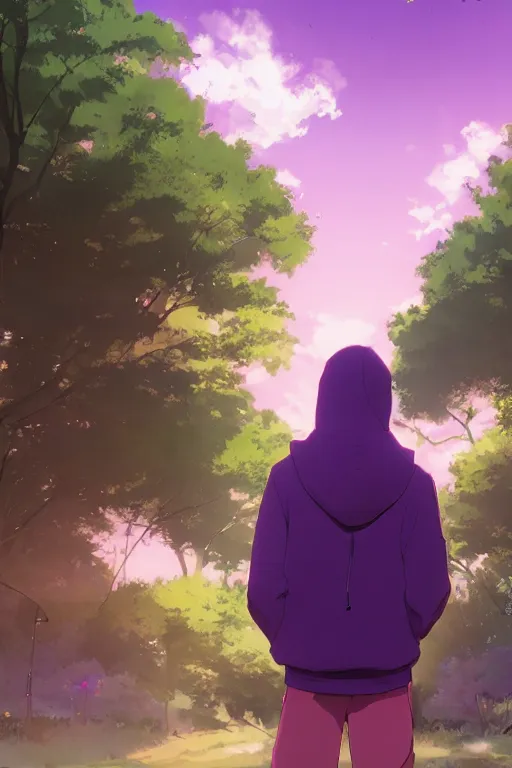 Image similar to young man in a purple hoodie, back view, messy short brown hair, detailed neighbourhood background, trees, colourful, 8 k, anime, ghibli style, graphic novel, digital art trending on artstation, volumetric lighting, octane render, cinematic, hyper detailed