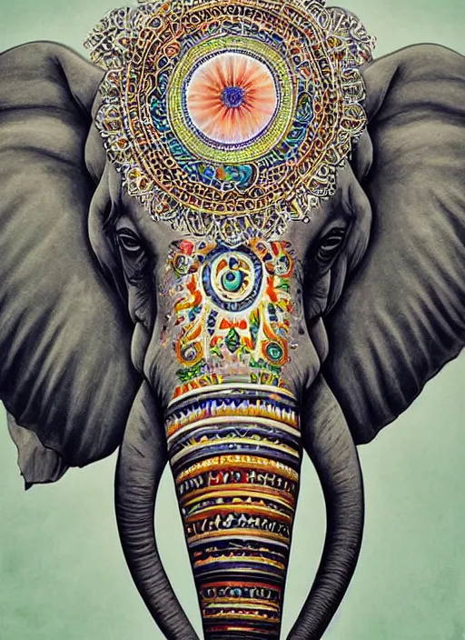 Image similar to portrait of ethereal elephant with indian flag colors painted on its face, intricate detail, ornate, conceptual art, soft light, dynamic, art by artgerm