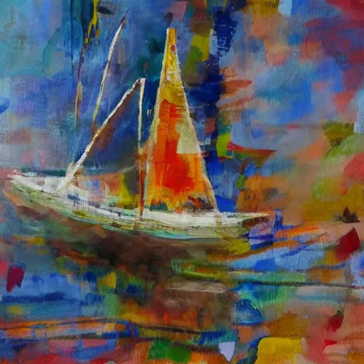 Image similar to a painting of a sailboat floating on a body of water, an abstract painting by ted degrazia, reddit contest winner, lyrical abstraction, mixed media, acrylic art, gold leaf, oil on canvas