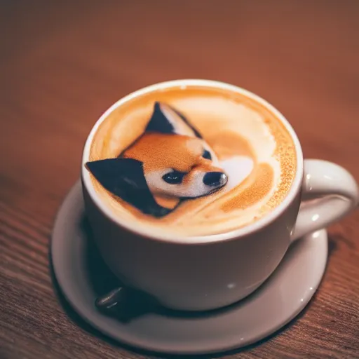 Prompt: close up photo of a cup of coffee, a shiba inu inside the cup, tasty. food photography, photorealistic, beautiful, bokeh, 4 k.