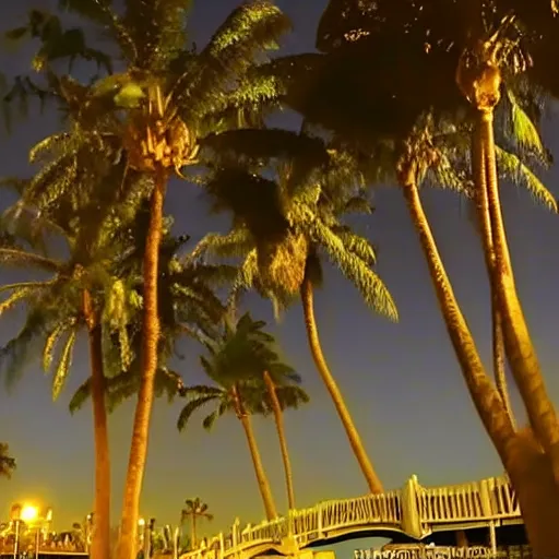 Prompt: blue hour, mostly cloudy sky, palm trees, bridge, curved bridge, dusk, oceanfront bridge, 2 4 0 p footage, 2 0 0 6 youtube video, 2 0 0 6 photograph, grainy low quality photograph, home video