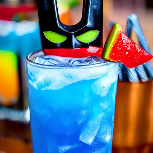 Image similar to a closeup photorealistic photograph of a glossy batman style tiki mug sitting at an outdoor trader vic's bar featuring batman face. tiki theme. icy colorful drink. bright scene. fine detail. this 4 k hd image is trending on artstation, featured on behance, well - rendered, extra crisp, features intricate detail, epic composition and the style of unreal engine.