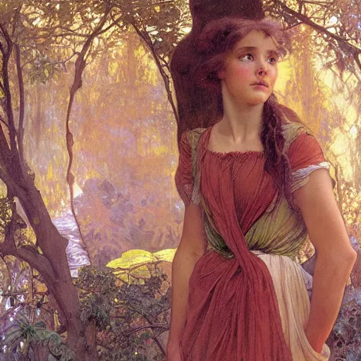 Image similar to a detailed, beautiful portrait oil painting of a girl who looks an 1 8 - year - old actress, with a surprised expression in an ancient forest, by donato giancola, alphonse mucha, and john williams waterhouse