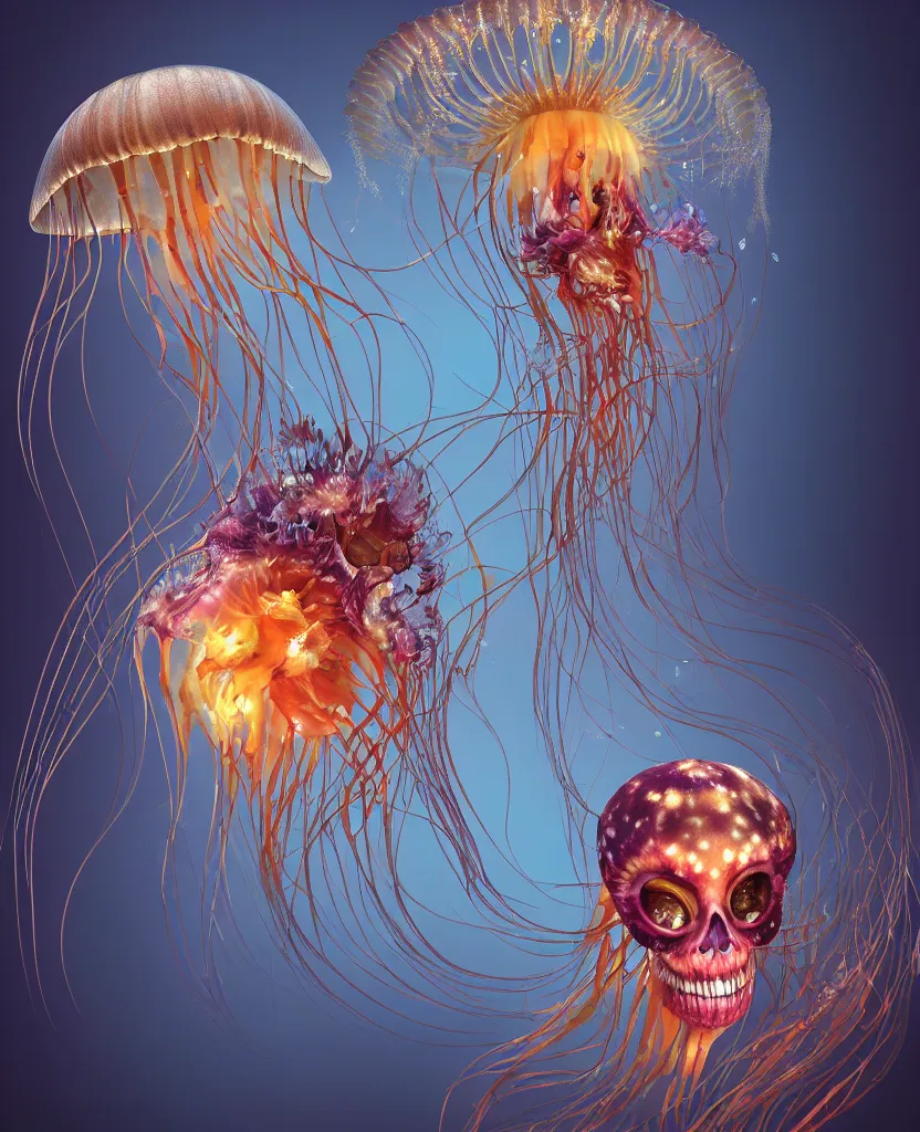 Image similar to close-up portrait of the face of a beautiful princess in a twisted flowers orchid jellyfish mask surrounded by energy flow, epic angle and pose, symmetrical artwork, 3d with depth of field, blurred background, floating jellyfish skull phoenix bird, translucent, nautilus, energy flows of water and fire. a highly detailed epic cinematic concept art CG render. made in Maya, Blender and Photoshop, octane render, excellent composition, cinematic dystopian brutalist atmosphere, dynamic dramatic cinematic lighting, aesthetic, very inspirational, arthouse. y Greg Rutkowski, Ilya Kuvshinov, WLOP, Stanley Artgerm Lau, Ruan Jia and Fenghua Zhong