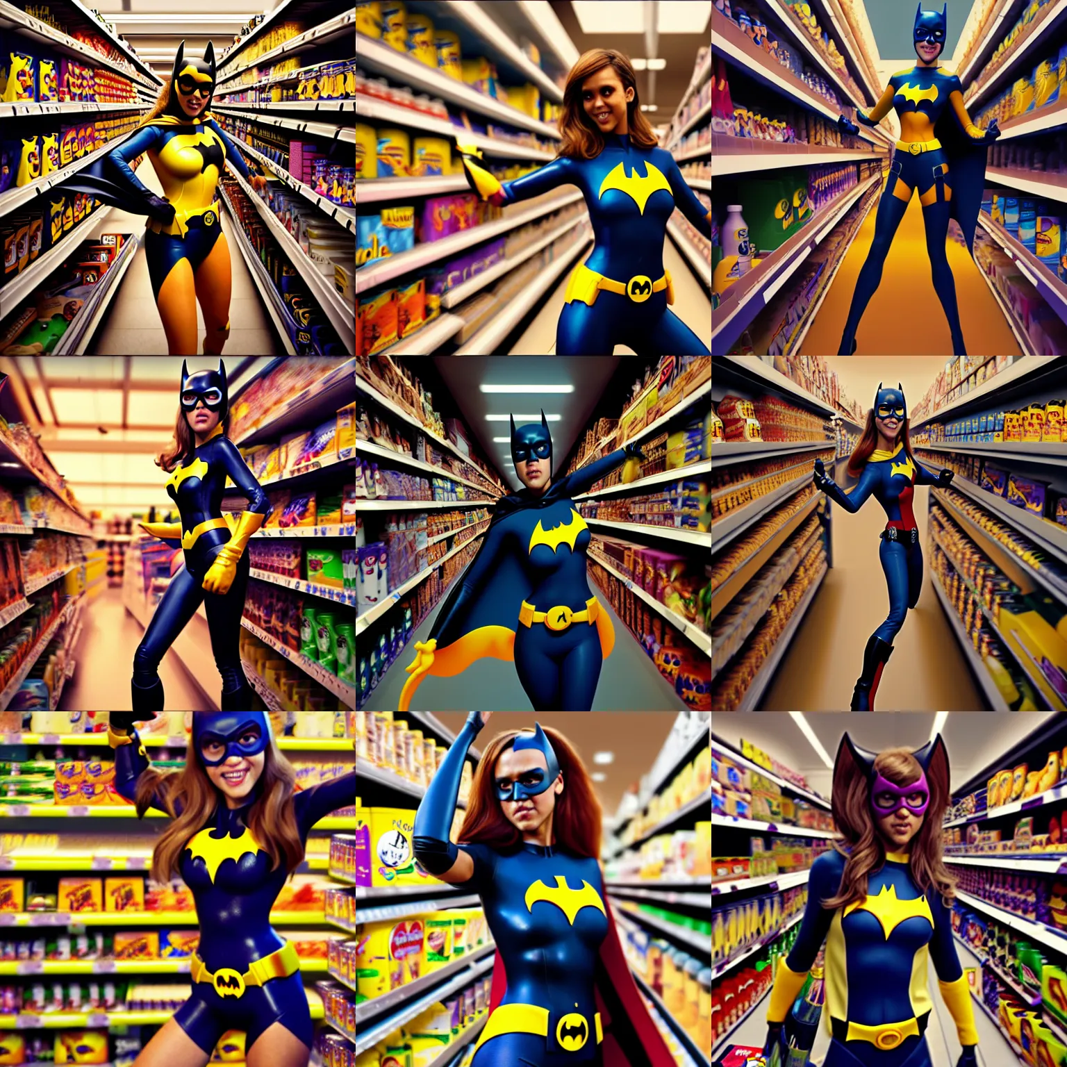 Prompt: jessica alba as batgirl climbing the shelves in a crowded packed grocery store : : octane render, artstation, weta, pixar, disney, soft, decadent, lustrous, : :