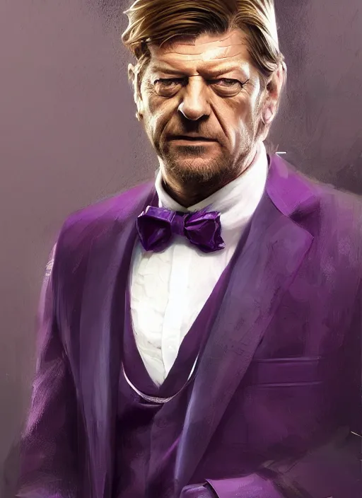 Image similar to sean bean wearing a dark purple suit, elegant, digital painting, concept art, smooth, sharp focus, illustration, by ruan jia and mandy jurgens and artgerm and william - adolphe bouguerea
