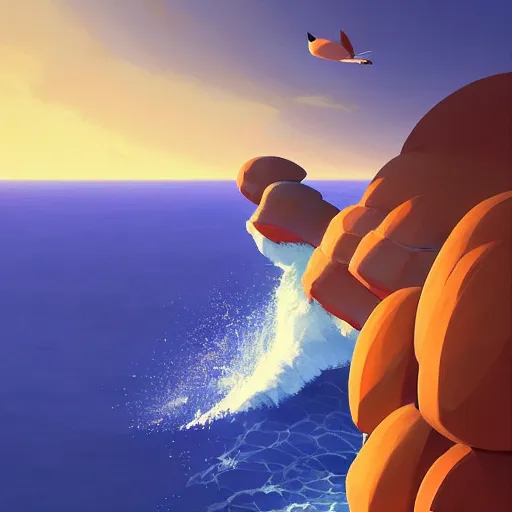 Image similar to goro fujita ilustration view from the sky of a bird with open wings full of feathers, flying over the ocean with waves and rocks, painting by goro fujita, sharp focus, highly detailed, artstation