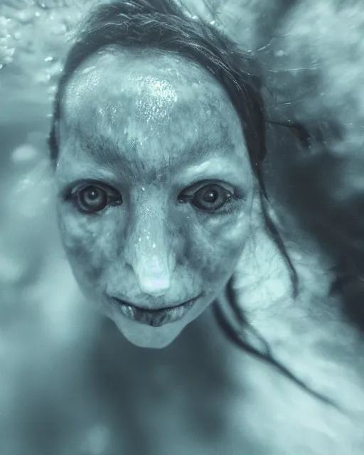 Image similar to detailed eyes, face of an underwater human descendant fishwoman, macro lens, mariana trench, dark, hd, dagon
