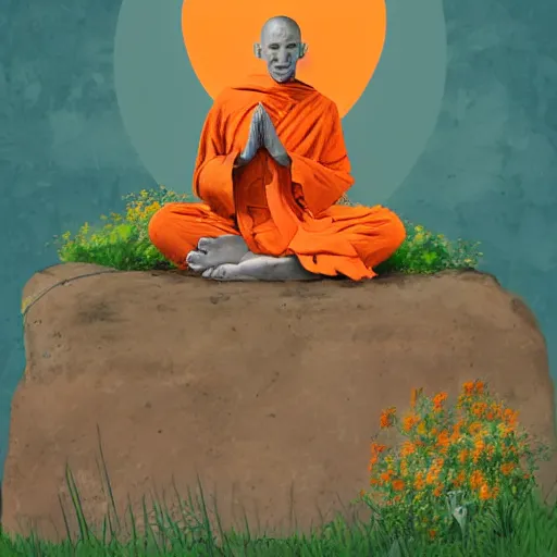 Image similar to slightly rusty robot monk in orange robes meditating in front of a worn stone shrine on a hilltop with wildflowers, digital illustration