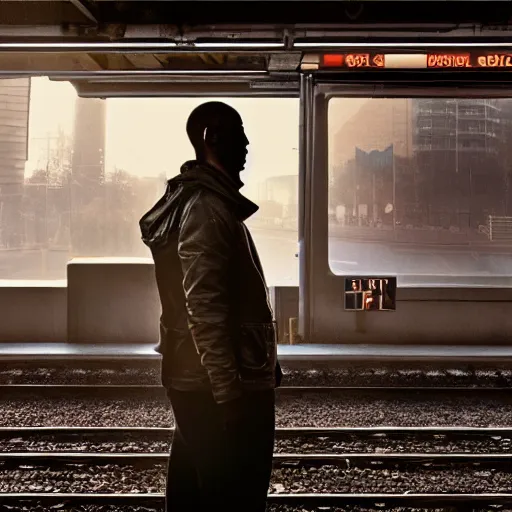 Image similar to photo of cyborg waiting for a train, 1970, soft light, morning light, photorealistic, realistic, octane, 8k, cinematic shot