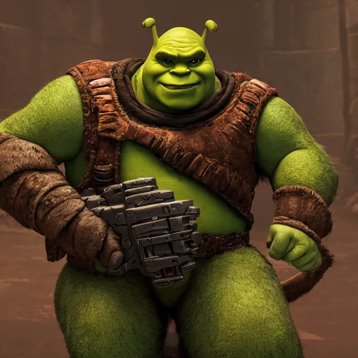 Image similar to Shrek as a Doom Slayer, unreal engine 5, octane render, HDR, focus, brutal, high detail, Doom Eternal