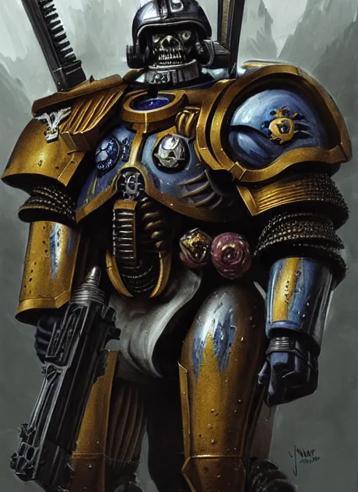 Image similar to portrait of willem dafoe as a space marine, intricate, warhammer, warhammer 4 0 k, highly detailed, digital painting, concept art, sharp focus, illustration, muted colors, grim dark, moody, gloomy, art by john blanche, by pedro nunez, by jaime martinez, by nacho molina