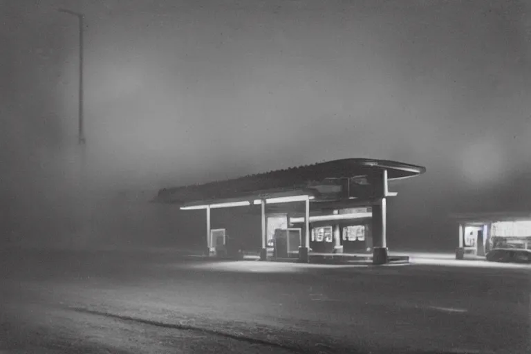 Image similar to “ gas station, night, fog, 1 9 0 0 ’ s photo ”