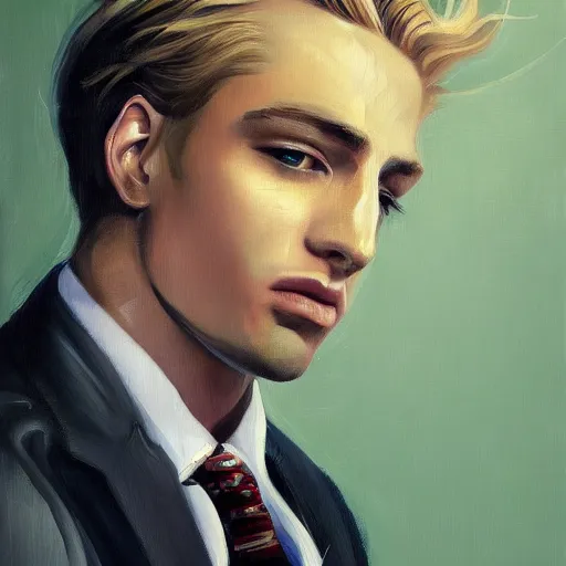 Image similar to A beautiful painting of a young man, blonde, wearing a suit, oil painting, green eyes, gloomy lighting, hyper detailed, trending on artstation