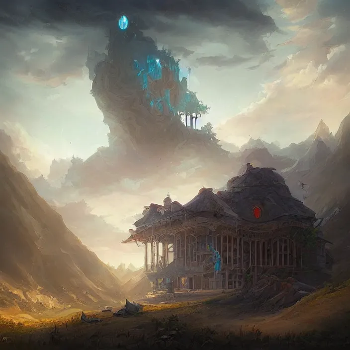 Prompt: a building in a landscape, by peter mohrbacher