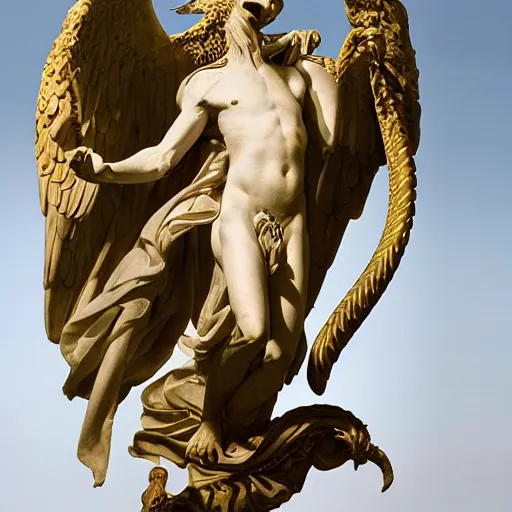 Prompt: thus spoke zarathustra, serpent and eagle, statue, by michaelangelo, by bernini, gold accents, white marble, sunshine, mountaintop, snow, highly detailed,