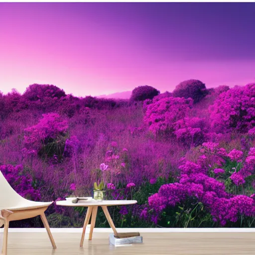 Prompt: Landscape photo of beautiful alien world, with purple skies and large flowers, wallpaper, 8k, award winning photo