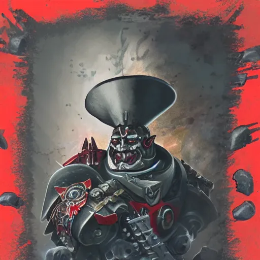 Prompt: warhammer 4 0 k portrait of a man with only one eye and wearign a red top hat in the service of the chaos gods