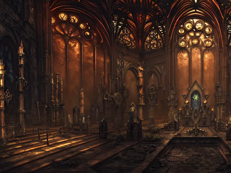 Image similar to steam necropolis, memento mori, gothic, neo - gothic, art nouveau, hyperdetailed copper patina medieval icon, stefan morrell, philippe druillet, ralph mcquarrie, concept art, steampunk, unreal engine, detailed intricate environment, octane render, moody atmospherics, volumetric lighting, ultrasharp, ominous, otherworldly