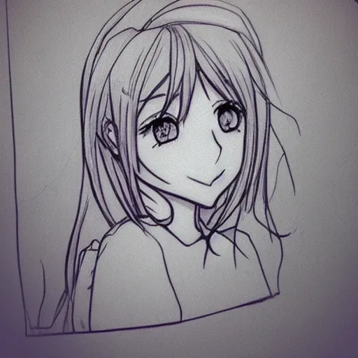 Image similar to anime girl headshot profile picture, black and white sketch, drawn in ballpoint pen