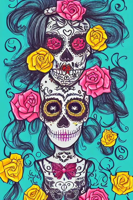 Prompt: Illustration of a sugar skull day of the dead girl, art by fantan magee