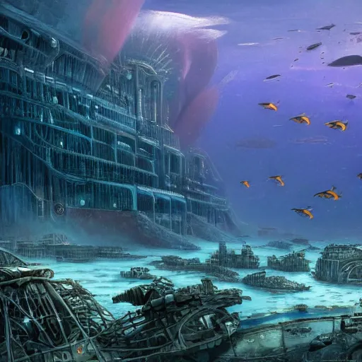 Prompt: A beautiful detailed matte painting of a giant cybernetic crab next to machinal sardines in a nuclear bomb war-ravaged underwater city, Atlantis, deep sea fish, underwater landscape, violent ocean, by andreas rocha and john howe, and Martin Johnson Heade, featured on artstation, featured on behance, golden ratio, ultrawide angle, f32, cyberpunk, well composed, cohesive, oceanblue darkblue black color palette