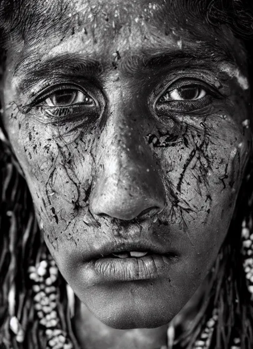 Image similar to Award winning Editorial photo of a Native Nauruans with incredible hair and beautiful hyper-detailed eyes wearing traditional garb by Lee Jeffries, 85mm ND 5, perfect lighting, gelatin silver process