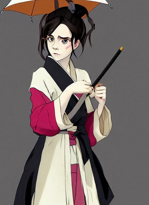 Image similar to emma watson as nezuko from demon slayer anime ねずこ nezuko from demon slayer anime ねずこ nezuko from demon slayer anime ねずこ wearing kimono wrapped mouth by artgem by greg rutkowski trending on artstation