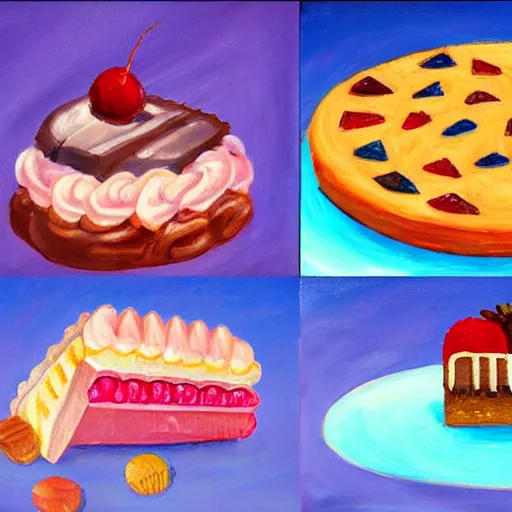 Image similar to concept art oil painting of fancy deserts, cakes, candies, and confections